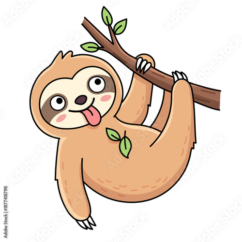 Funny happy sloth hanging on tree branch with tongue out, cute playful tropical animal character illustration, cheerful jungle mascot for kids, childish cartoon sticker design, positive mood