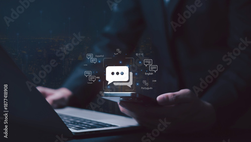 Schilderij op canvas Use message, SMS, text, chat, and social media on phone and laptop to grow business marketing with smart technology while avoiding scams through secure email and media tools
