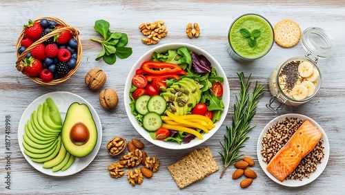 Diverse healthy foods beautifully arrayed on weathered wooden background
