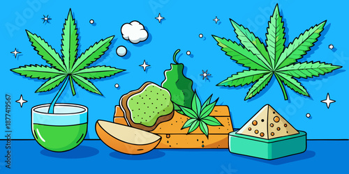 Cannabis plant extracts including THCa crystals, terpenes, and kief on a vibrant blue surface with fresh cannabis leaves and buds for display.
