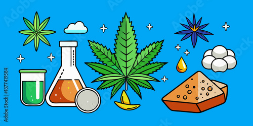 Cannabis plant extracts including THCa crystals, terpenes, and kief on a vibrant blue surface with fresh cannabis leaves and buds for display.
