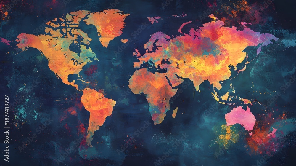 Fototapeta premium Colorful World Map Illustration with Network Connections Displaying Global Communication and Connectivity Over Abstract Background Design