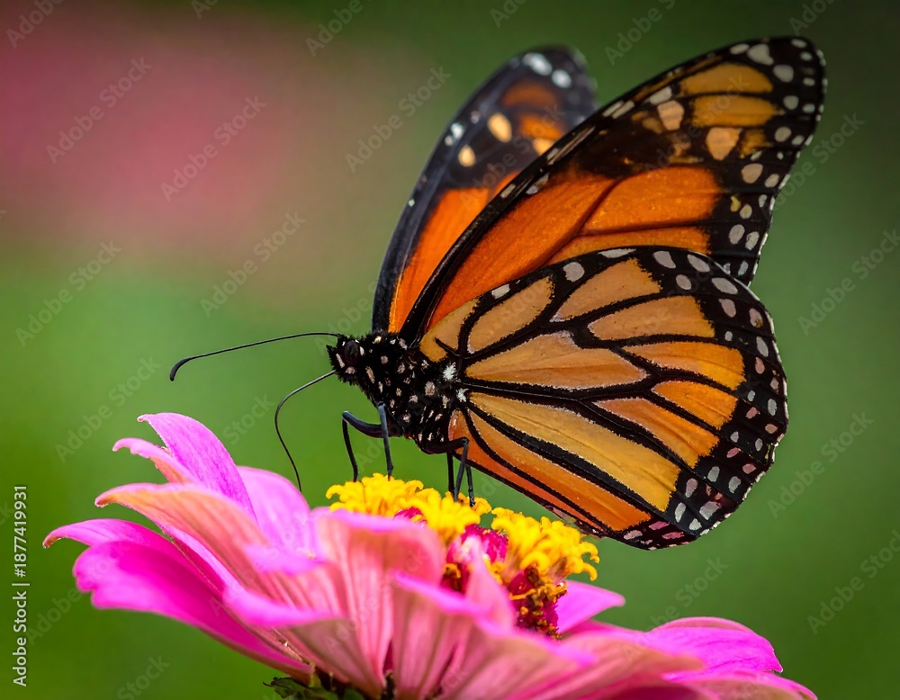 Obraz premium A vibrant monarch butterfly perched on a colorful pink flower