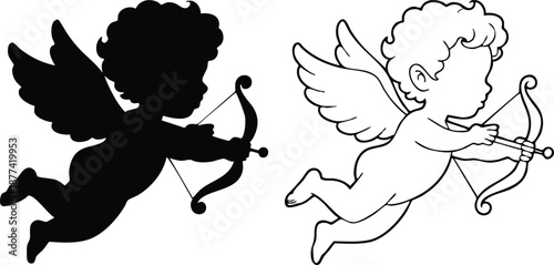Contrast Pair of Cupid Archer Silhouette and Outline Sketch, Minimalist Flying Cherub Graphics in Black and White, vector, illustration, silhouette
