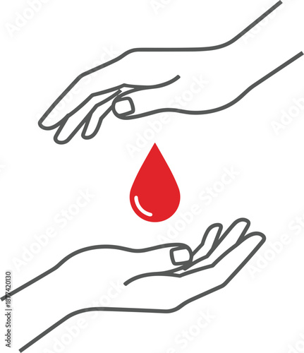 Minimalist line art illustration of blood donation concept, helping hands sharing life-saving red drop healthcare charity medical support awareness vector design isolated white background