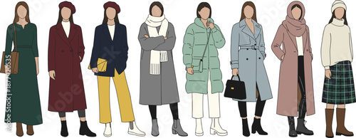 Modern women winter fashion illustration, diverse female outfits collection, trendy coats scarves boots, flat vector style, seasonal clothing lineup, minimalist design, editorial use