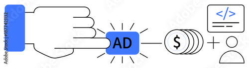 Digital marketing, online ads, monetization, web development, financial transactions, consumer engagement. A hand pointing at ad button, coins and online icons. Digital marketing and monetization