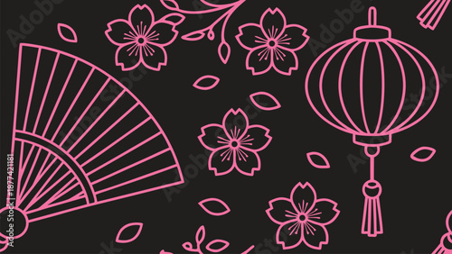 Traditional Japanese cherry blossoms and fan elements set against a dark background, featuring delicate outlines of flowers, leaves, and a festive lantern, evoking a sense of cultural artistry