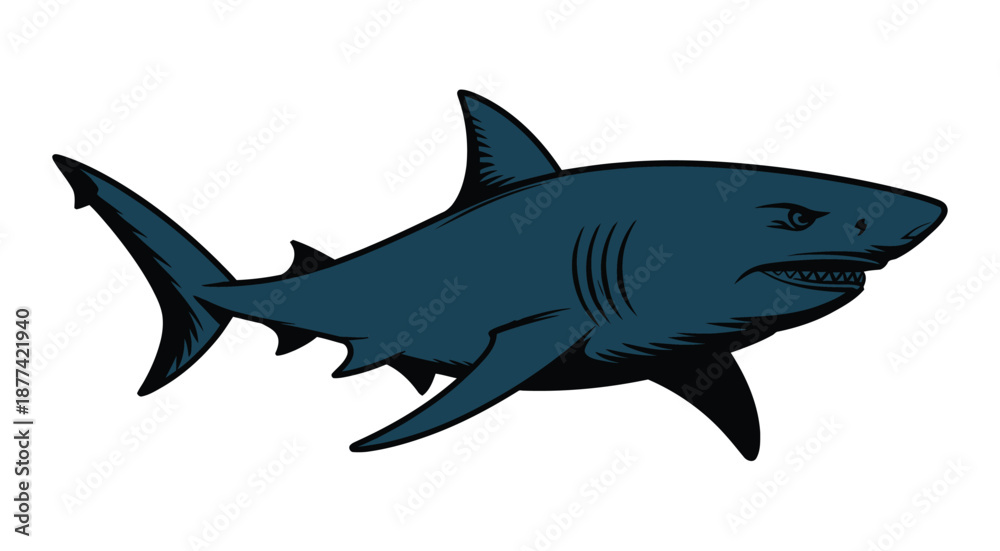 Fototapeta premium A cartoon illustration of a blue shark swimming on a white background