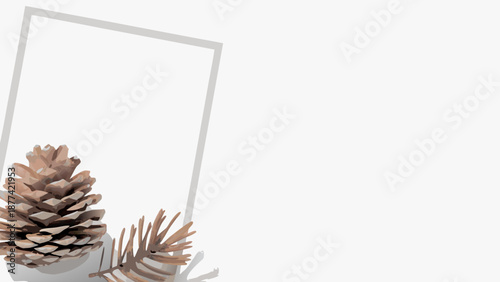 Flat vector illustration of a pine cone with subtle shading and texture on a clean white background with a grey rectangular frame with flat design
