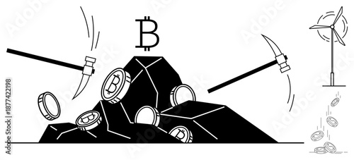 Blockchain technology, cryptocurrency evolution, sustainable energy, renewable resources, financial growth, digital economy. Pickaxes mining Bitcoin, coins scattered wind turbine. Cryptocurrency