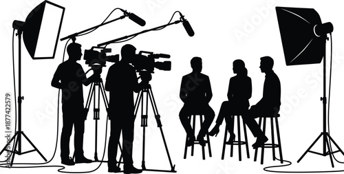 Professional video interview studio setup with camera crew silhouettes lighting equipment microphones documentary filmmaking television production behind the scenes media recording 