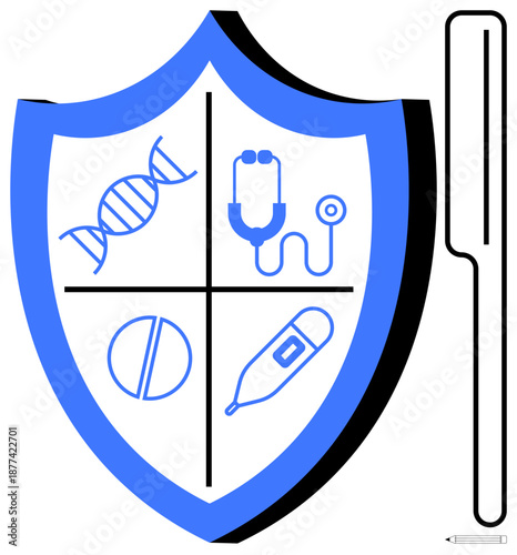 Healthcare, protection, diagnostics, medical equipment, modern health solutions, safety. Shield containing DNA, stethoscope pill and thermometer icons alongside swab element. Healthcare