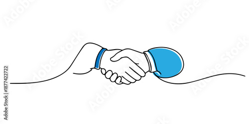 Hand drawn line illustration of a business handshake symbolizing trust, cooperation, partnership, teamwork, and professional human connection.
