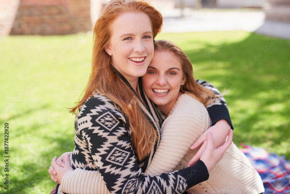 Fototapeta premium Happy, hug and portrait of girl friends in nature at university for care, love and bonding. Smile, education and female students embracing for connection outdoor in park at college campus for study.