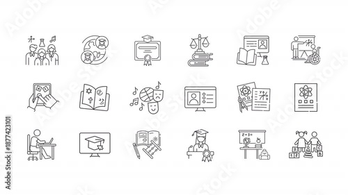 Animated education system line icons. Learning process improvement animation set. Skills and knowledge development. Schooling. Outline elements on white background. HD video with alpha channel