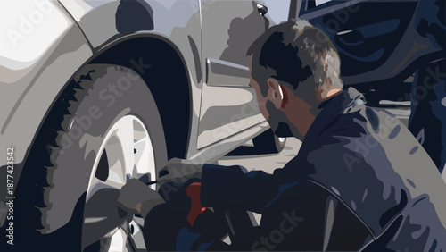 Man repairing a car tire on the roadside with a lug wrench in a flat vector illustration with mechanic and transport and automotive and service