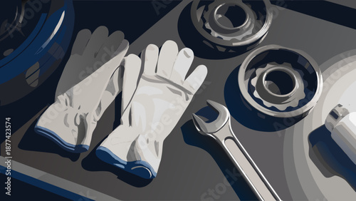 Flat vector illustration of white mechanic gloves with blue trim lying on a gray workbench alongside a wrench and metal gears with industrial