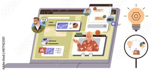Online teamwork, business analytics, innovation, video communication, e-commerce, problem-solving. A laptop with video calls, charts and a lightbulb symbol. Online teamwork and business analytics