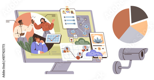 Digital security, data analysis, networking, surveillance, collaboration, communication. Screen displaying charts, people and connections with a security camera nearby. Digital security and data