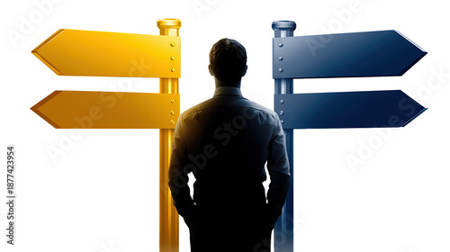 Man by signpost person standing beside a directional signpost indicating multiple directions