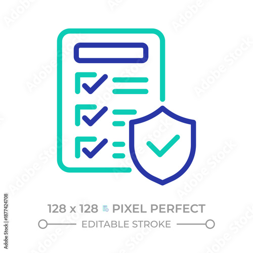Verified policies pixel perfect two color line icon. Regulation compliance. Secure documentation bicolor outline symbol. Duotone linear pictogram. Isolated illustration. Editable stroke