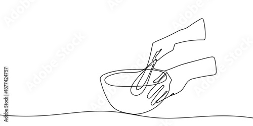 Hands are mixing dough for baking. (Single, continuous line art illustration.) line drawing vector Editable stroke.