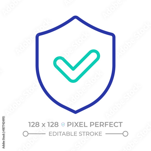 Security compliance pixel perfect two color line icon. Verified approval. Shield with a approved mark bicolor outline symbol. Duotone linear pictogram. Isolated illustration. Editable stroke
