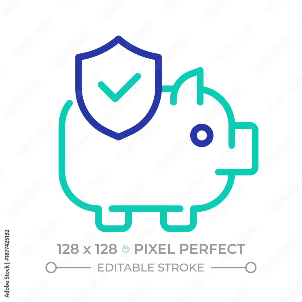 Obraz premium Financial insurance pixel perfect two color line icon. Protected savings. Piggy bank with approved mark bicolor outline symbol. Duotone linear pictogram. Isolated illustration. Editable stroke