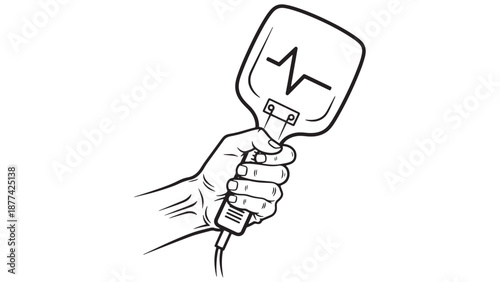 Hand holding a medical defibrillator paddle for emergency cardiac resuscitation and professional intensive care hospital facility management business branding.