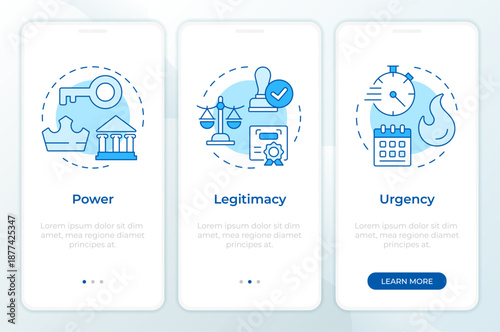 Investors classification model blue onboarding mobile app screen. Walkthrough 3 steps editable graphic instructions with linear concepts. UI, UX, GUI. Montserrat SemiBold, Regular fonts used