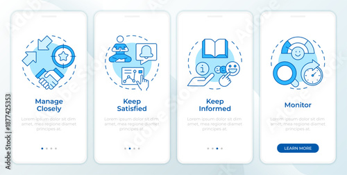 Interest matrix blue onboarding mobile app screen. Survey feedback. Walkthrough 4 steps editable graphic instructions with linear concepts. UI, UX, GUI. Montserrat SemiBold, Regular fonts used