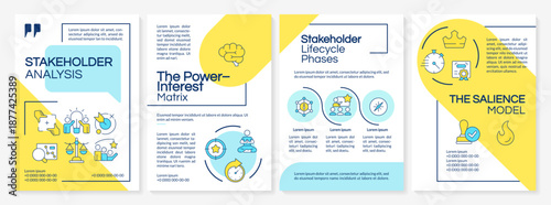 Stakeholder analysis blue and yellow brochure layout. Engagement strategy. Business management. Leaflet advertising design with color line icons. Editable 4 pages. Questrial, Lato-Regular fonts used
