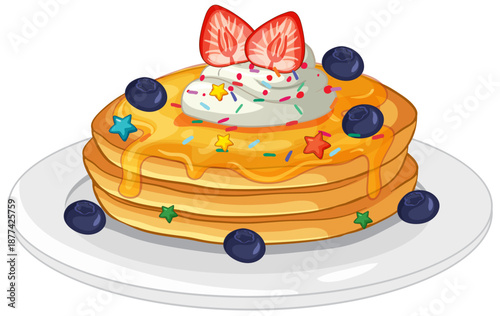 Stack of Pancakes with Syrup Whipped Cream and Fresh Berries