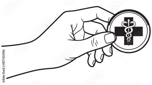 Hand holding a medical token coin with caduceus symbol for healthcare insurance rewards and professional clinical pharmacy business branding resources.