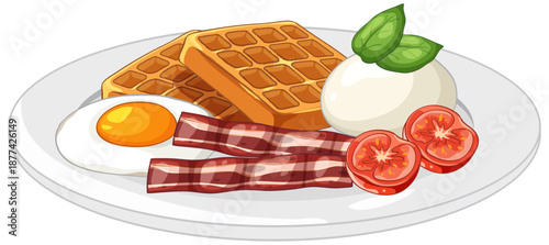 Breakfast Plate with Waffles Fried Egg Bacon and Tomato Vector Illustration