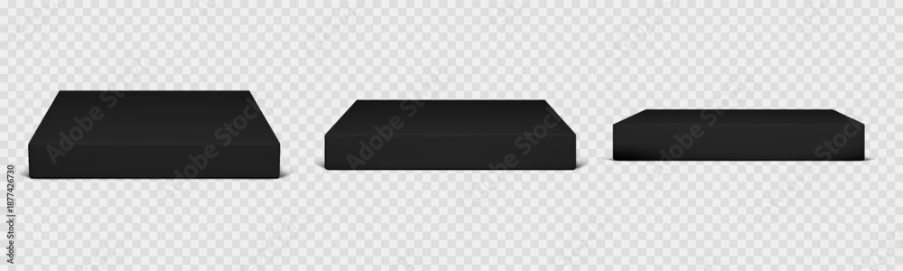 Fototapeta premium Black podium set with square 3d platform for product display on transparent background. Cube pedestal stand with marble texture and dramatic floor. Vector isolated mockup for premium showcase design