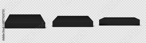 Black podium set with square 3d platform for product display on transparent background. Cube pedestal stand with marble texture and dramatic floor. Vector isolated mockup for premium showcase design