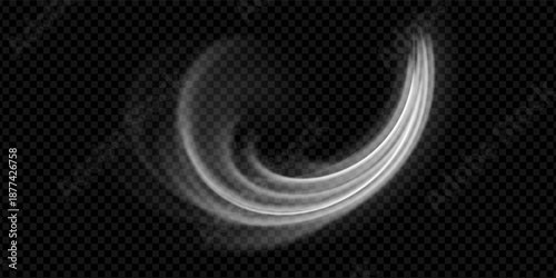 Cool wind flow with air breeze effect and fresh stream on black background. White wave motion with clean texture and abstract speed lines. Isolated vector png for conditioner display with light glow