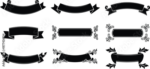 Decorative black ribbon banners and ornamental frames collection for vintage labels badges and typography vector illustration isolated on white background