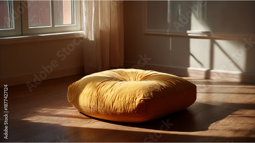 Sunlit Floor Cushion, Cozy Meditation Spot, Minimalist Home Decor

