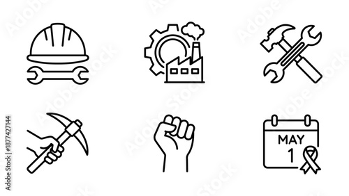Set of Labor Day line icons. Symbols for worker helmet, factory industry, tools, unity fist, and May 1st calendar. Vector outline illustrations for workers rights and union events.