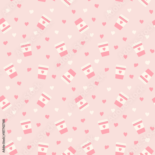 Vector illustration of a seamless pattern of coffee cups with hearts on a pink background.