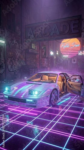 Retro-futuristic sports car parked outside neon-lit arcade at dusk with vibrant lights reflecting on the grid floor