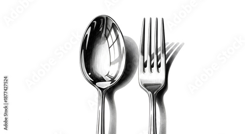 Realistic image of a stainless steel spoon and fork standing side by side on a white background, showing shiny surfaces, soft reflections, and a clean minimalist studio style.