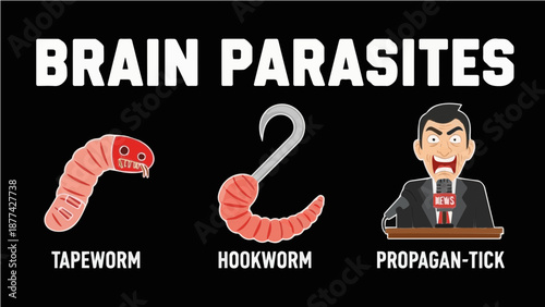 Satirical Infographic: "Brain Parasites" Featuring Illustrations of a Tapeworm, Hookworm, and an Aggressive News Reporter (Propagan-Tick)