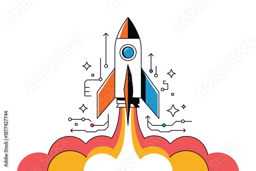 A colorful cartoon rocket ship blasting off into space with vibrant flames and sparks