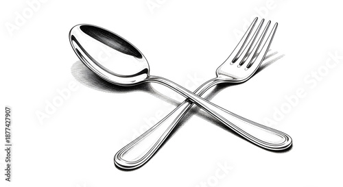 Realistic image of a stainless steel spoon and fork standing side by side on a white background, showing shiny surfaces, soft reflections, and a clean minimalist studio style.