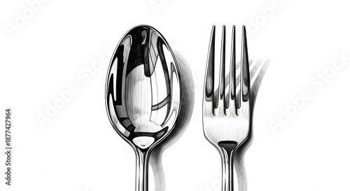 Realistic image of a stainless steel spoon and fork standing side by side on a white background, showing shiny surfaces, soft reflections, and a clean minimalist studio style.