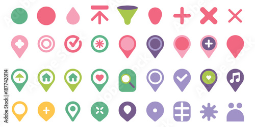 Colorful map pin vector set, location pointer icons for GPS navigation, maps, travel apps, and route tracking design.